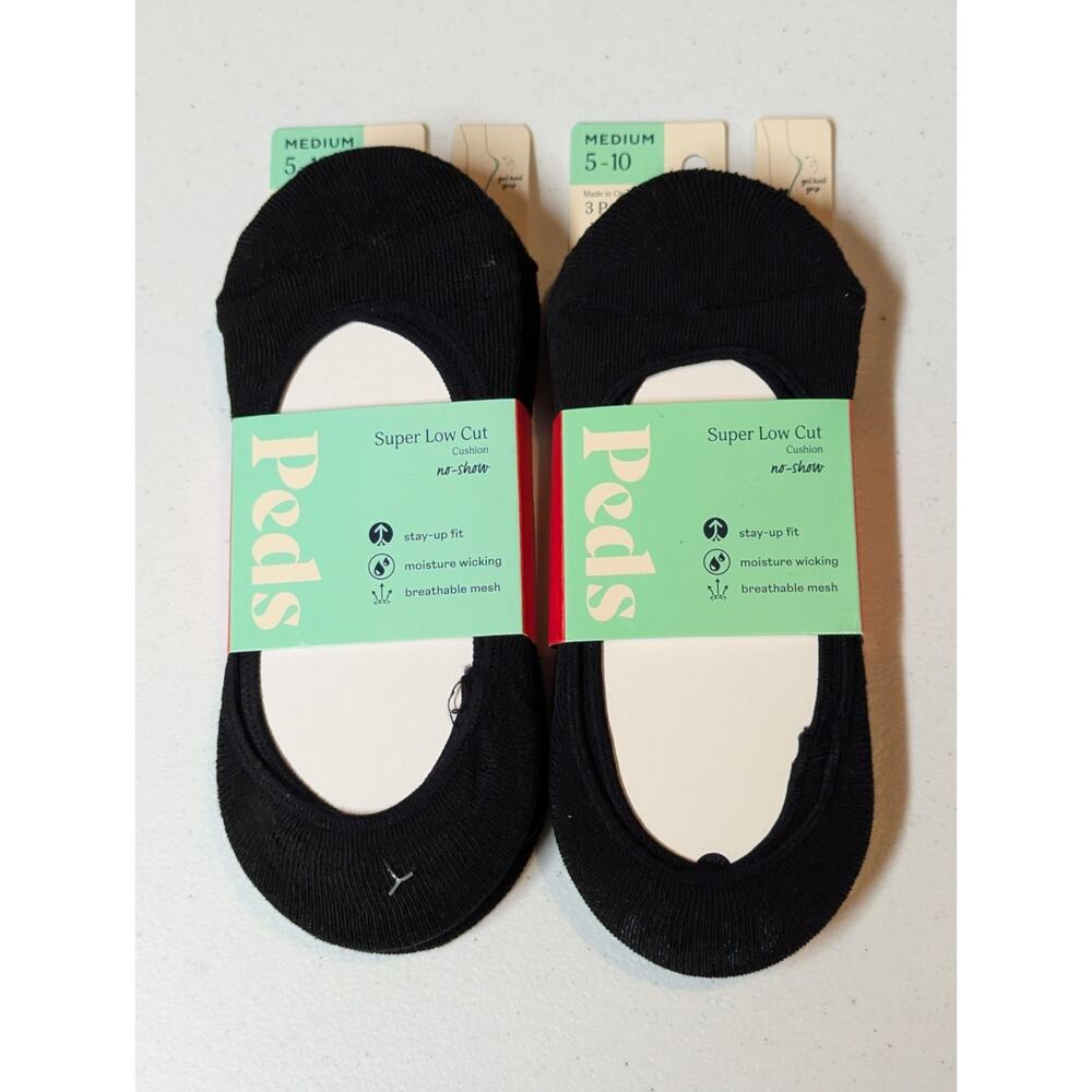 6 Pairs Peds Womens Size 5-10 Black Super Low Cut No Show Socks Cushion New
